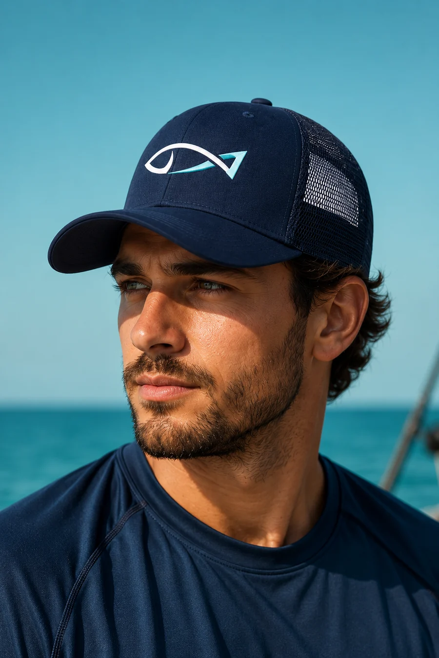 Man wearing the navy Fish Mark trucker cap on a boat